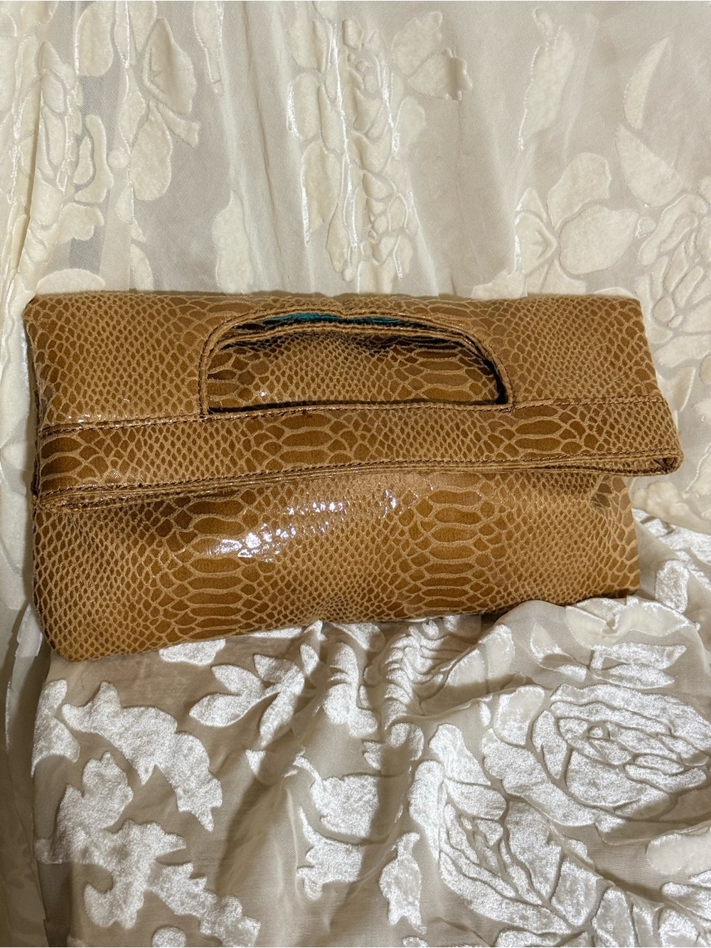 Vintage Joan Rivers Faux Python Foldover Clutch Tan Snake Bag Teal Lining Y2K
